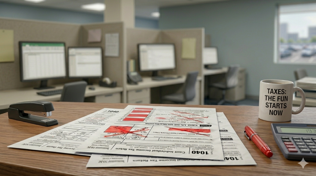 An office with a tax report on the desk that has areas crossed out in red marker.
