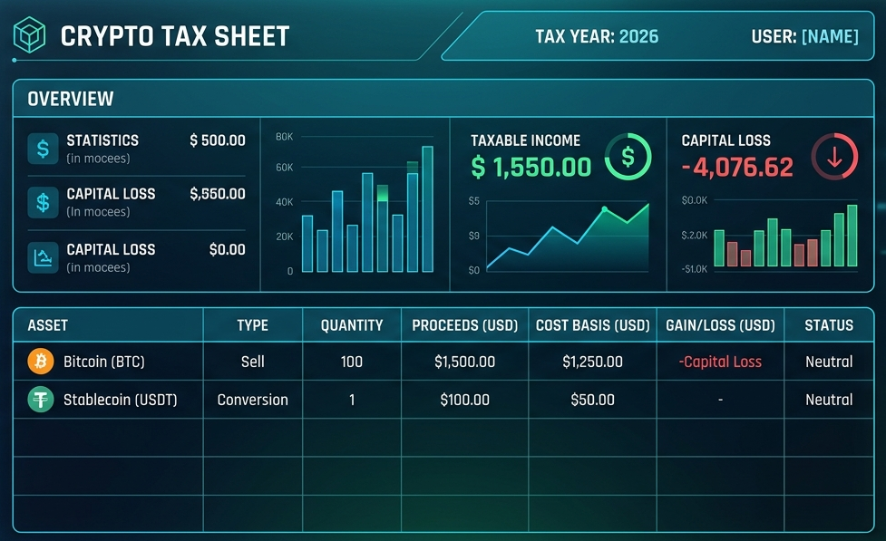 Digital spreadsheet showing crypto tax information for bitcoin and a stablecoin.
