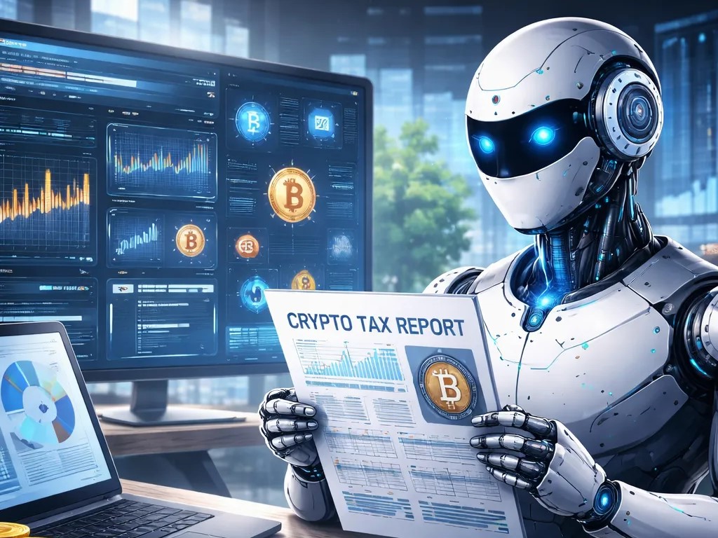 An AI agent bot going over a crypto tax report with monitors showing stats and charts in the background.