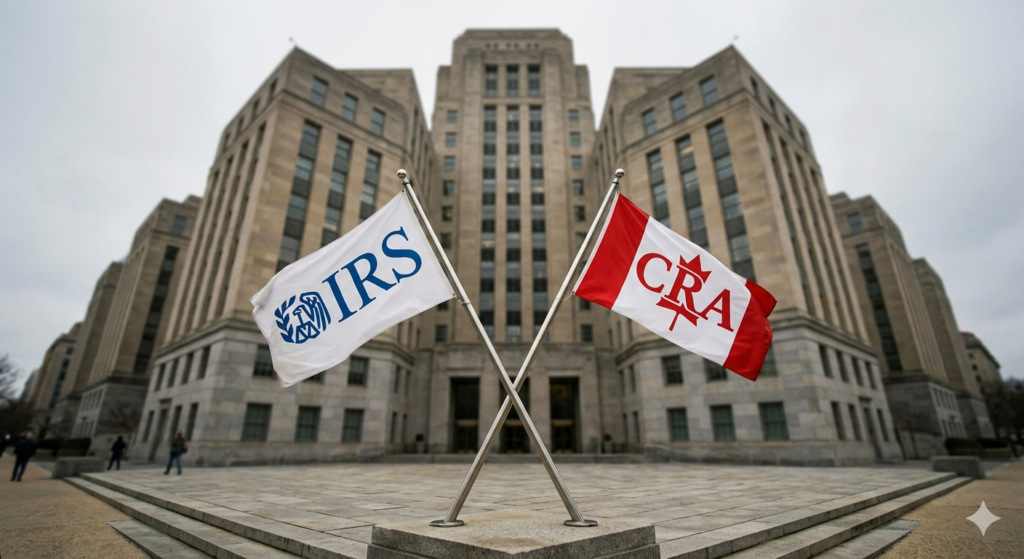 Two crossed flags of the IRS and CRA in front of large government buildings.