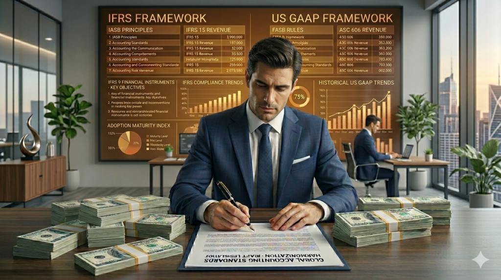 A businessman in a blue suit writing legislation at a desk surrounded with cash and a large chart behind him.