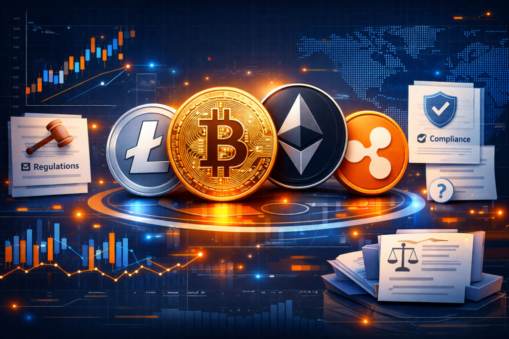 Crypto coins on a futuristic and techy background with charts and regulations.