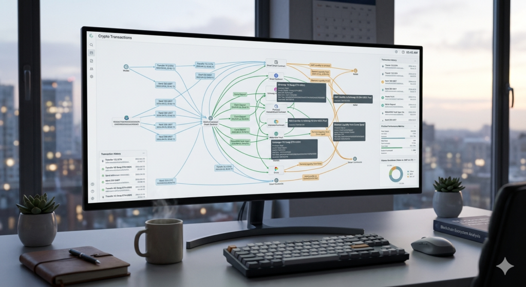 Computer monitor on a desk in a high-rise building showing a map of complex crypto transactions.