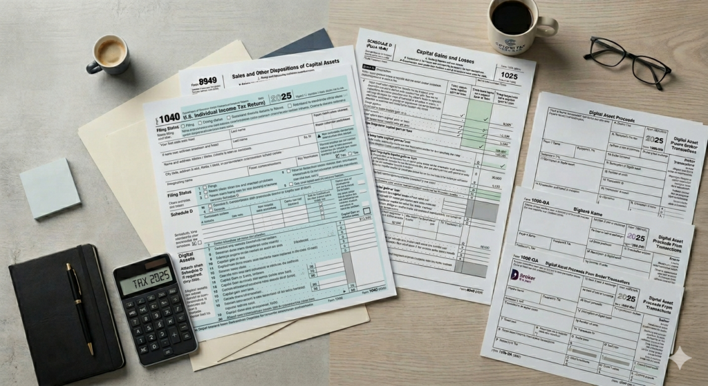 Various crypto tax forms scattered across a large office desk.