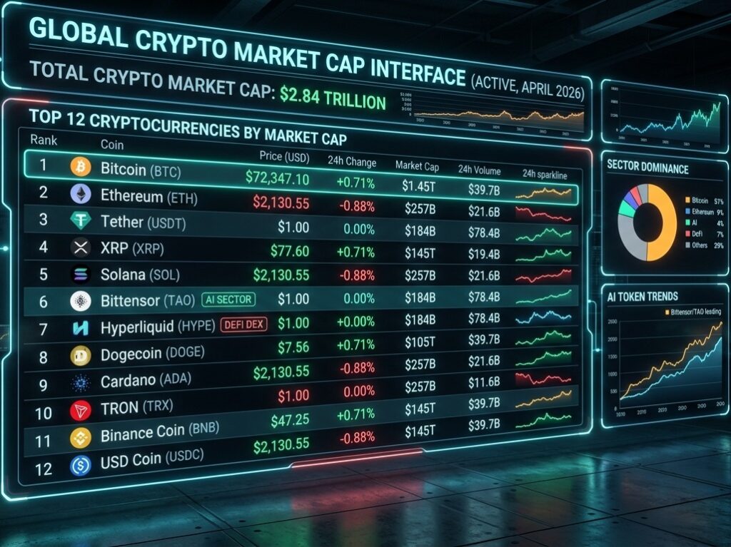 A colorful interface showing the crypto market caps for different coins.