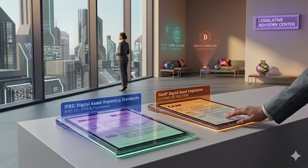 Futuristic office setting with IFRS and GAAP digital asset regulations on a table.