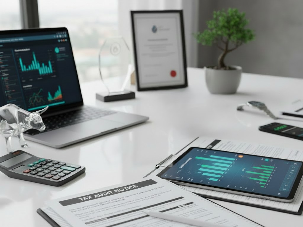 Tax Audit notice on a glossy white table, with laptop and tablet displaying charts.