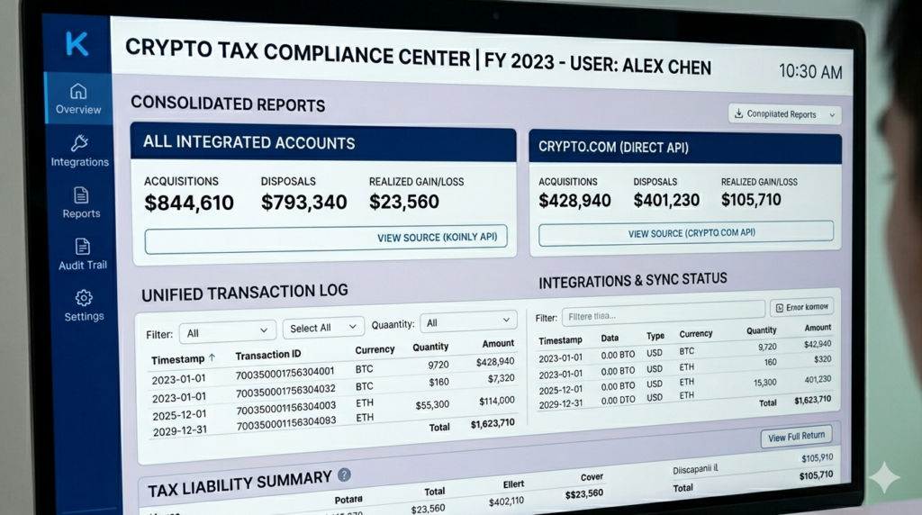 A monitor showing a crypto tax software interface.