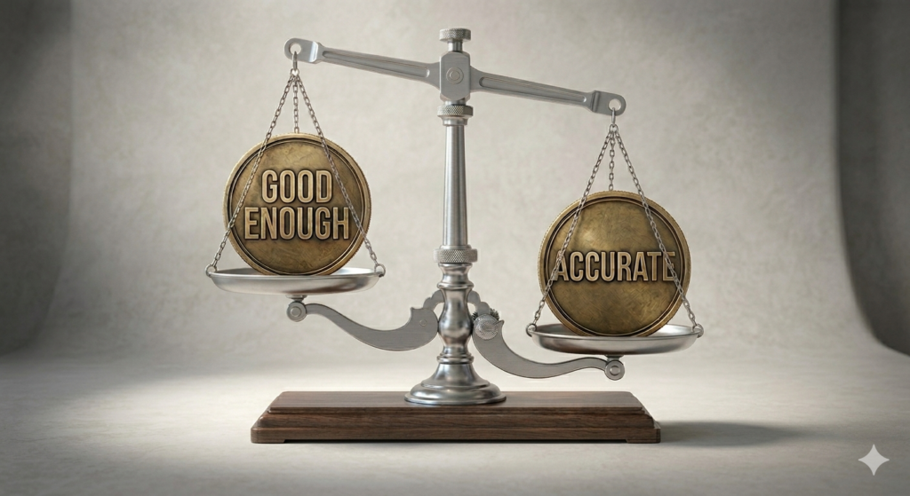 Metal scales with wooden base holding two large coins, one is Good Enough and the other Accurate.
